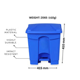 Blue trash bin with weight, material, durability, and dimensions labeled